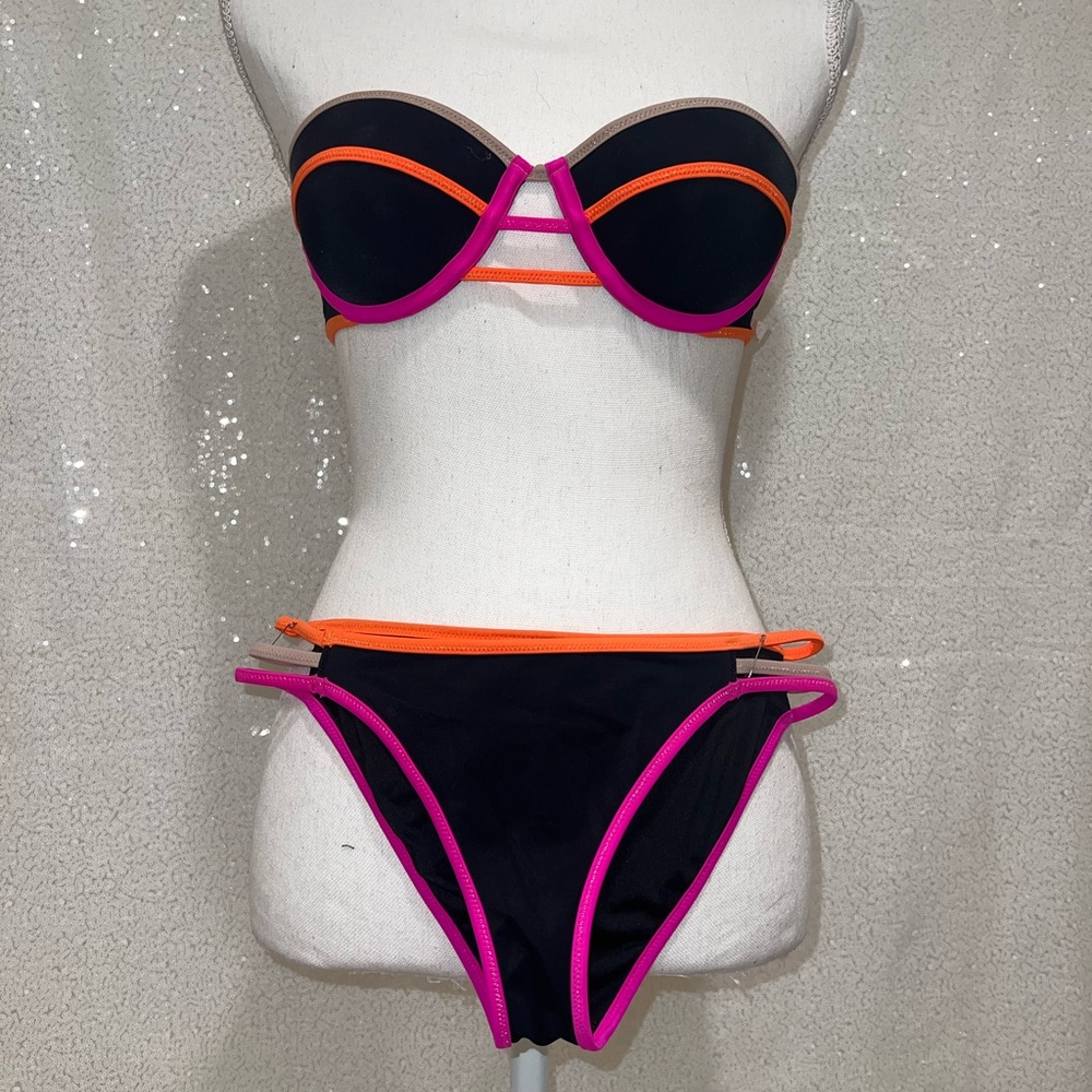Victoria’s Secret 34A Black Neon Pink Orange Tan Balconet Bikini Padded